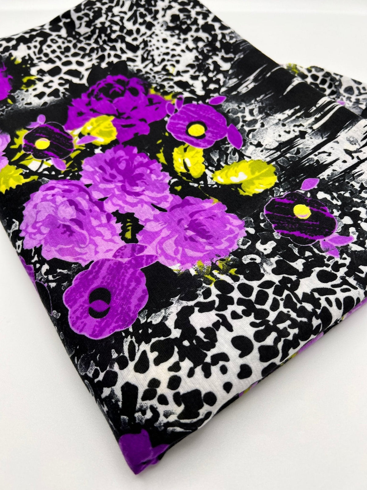 Black White Purple Floral Animal Print Viscose Elastane 2 Way Stretch Fabric