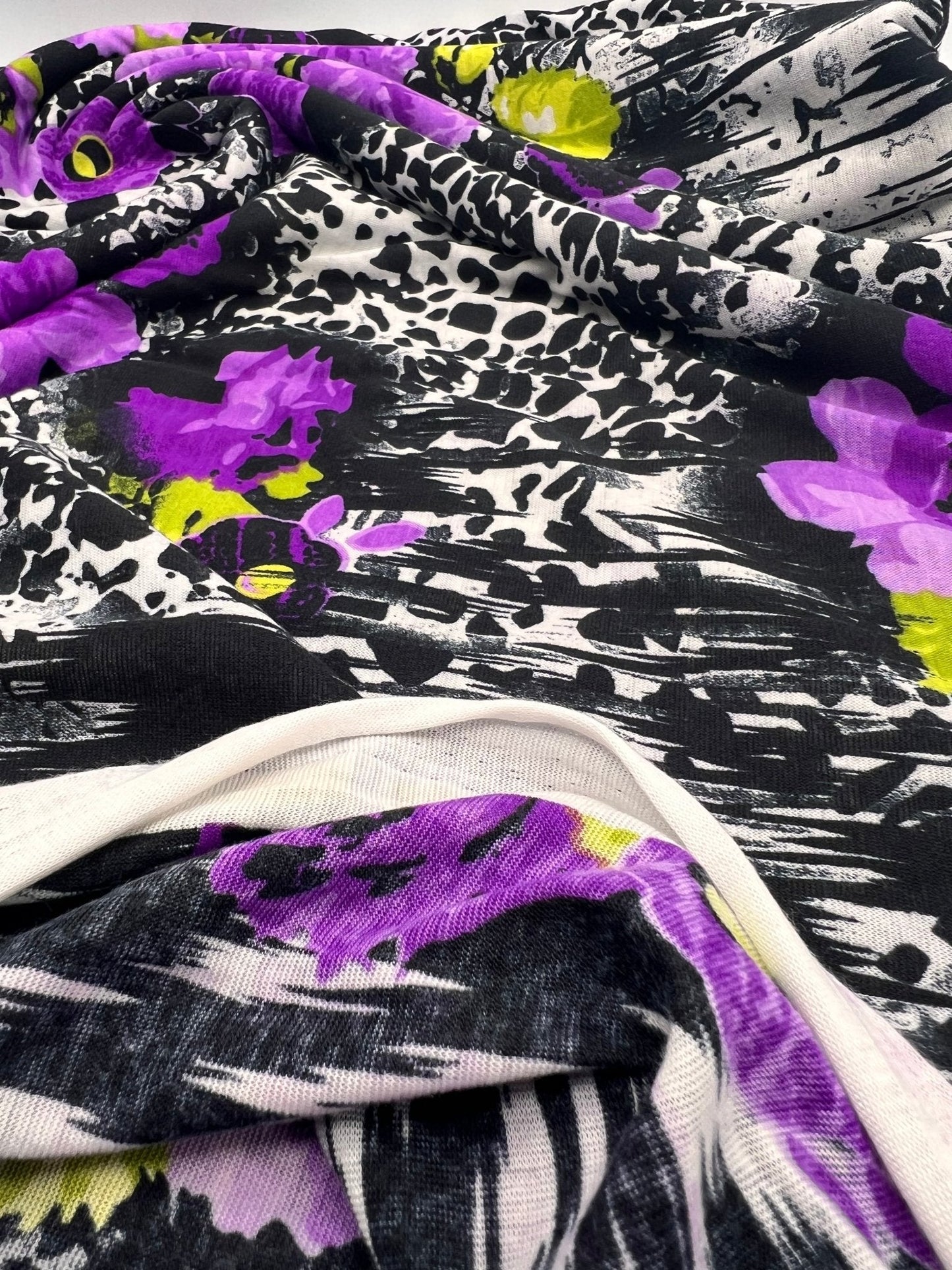 Black White Purple Floral Animal Print Viscose Elastane 2 Way Stretch Fabric