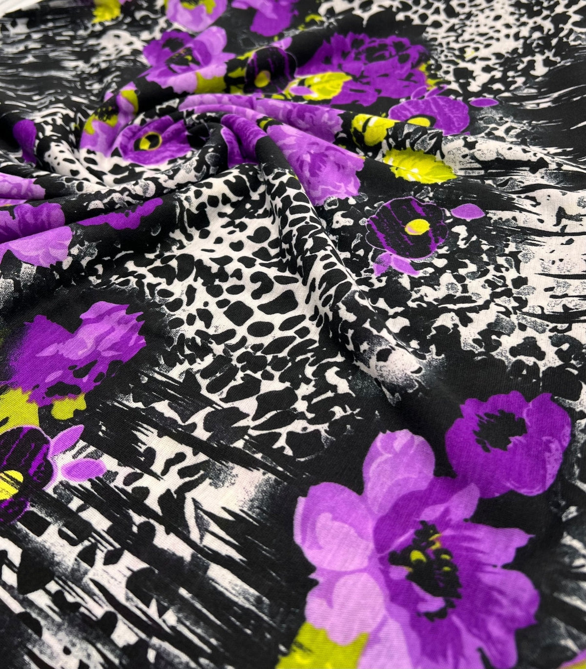 Black White Purple Floral Animal Print Viscose Elastane 2 Way Stretch Fabric