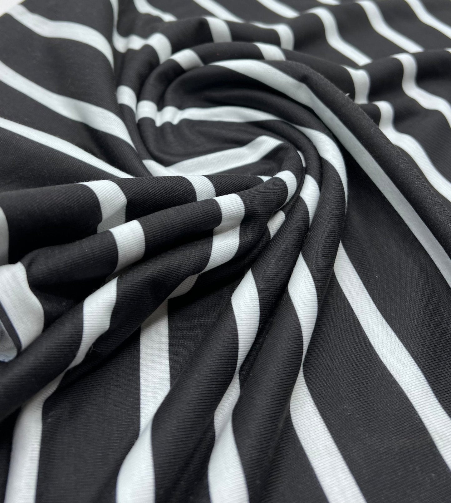Black White Stripe Print Spun Poly Stretch Fabric