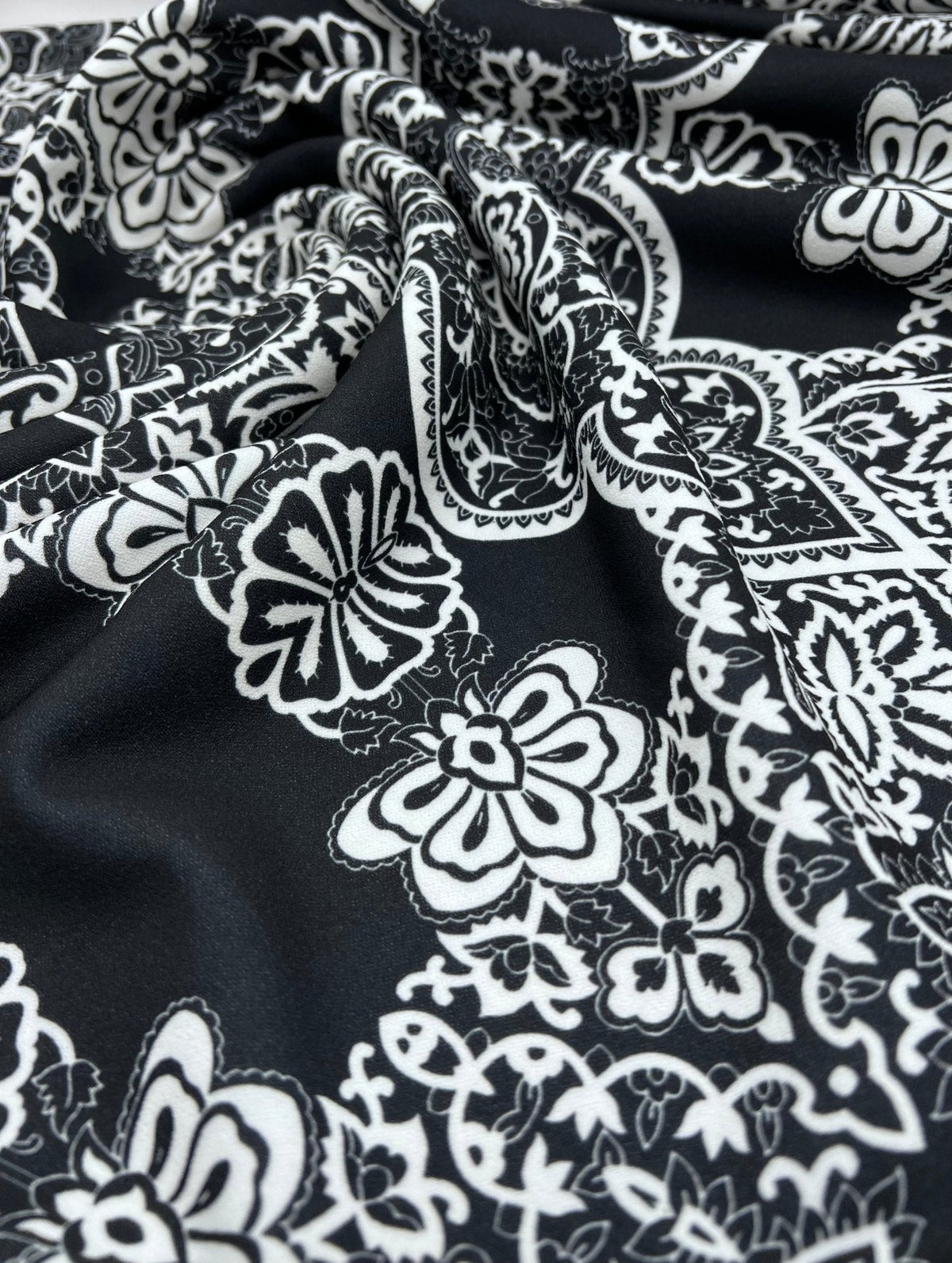 Black White Swirl Paisley Printed Scuba Crepe Jersey Fabric 4 Way Stretch