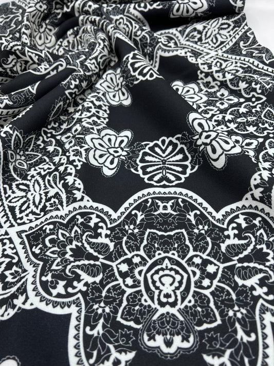 Black White Swirl Paisley Printed Scuba Crepe Jersey Fabric 4 Way Stretch