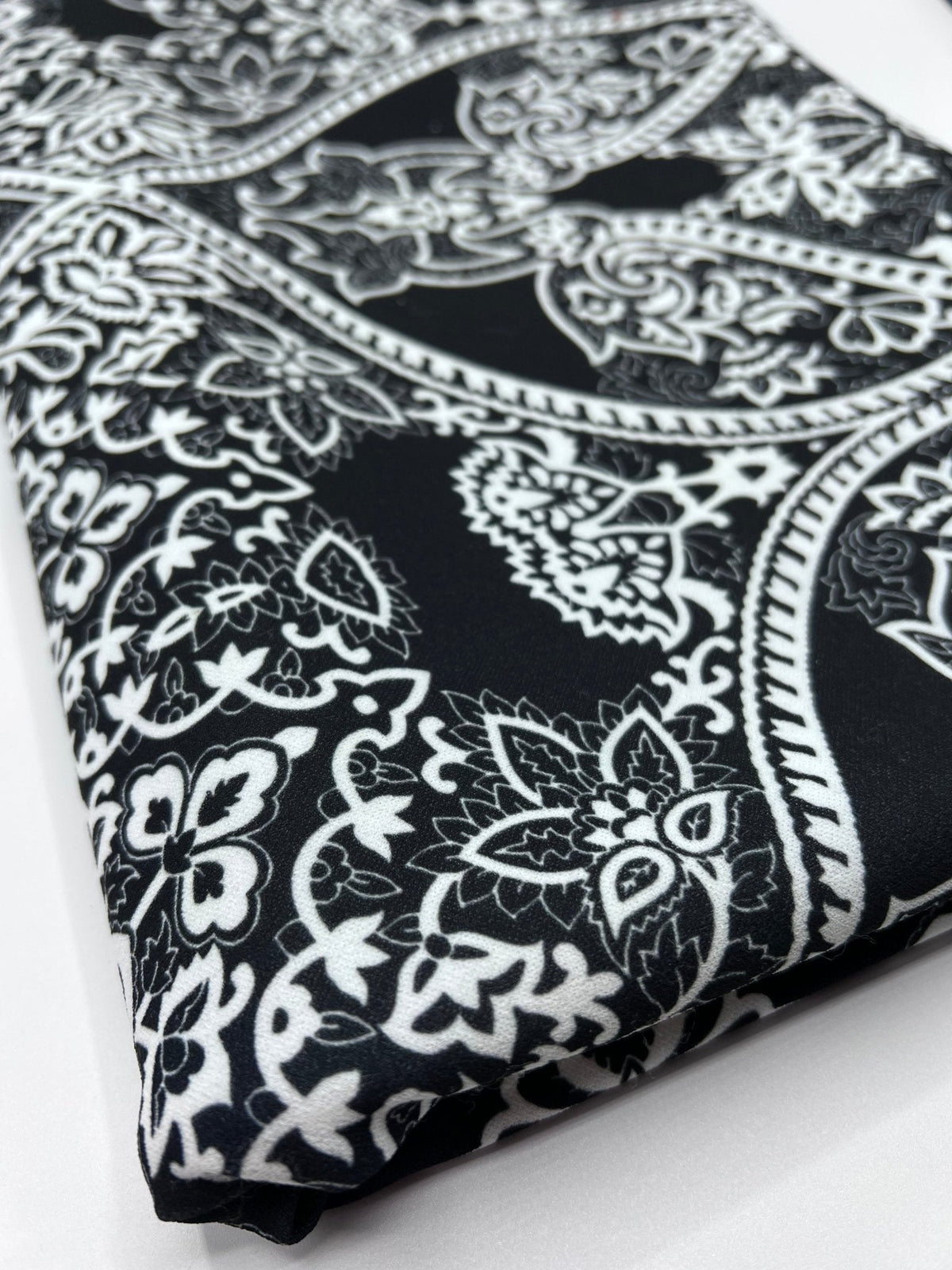 Black White Swirl Paisley Printed Scuba Crepe Jersey Fabric 4 Way Stretch