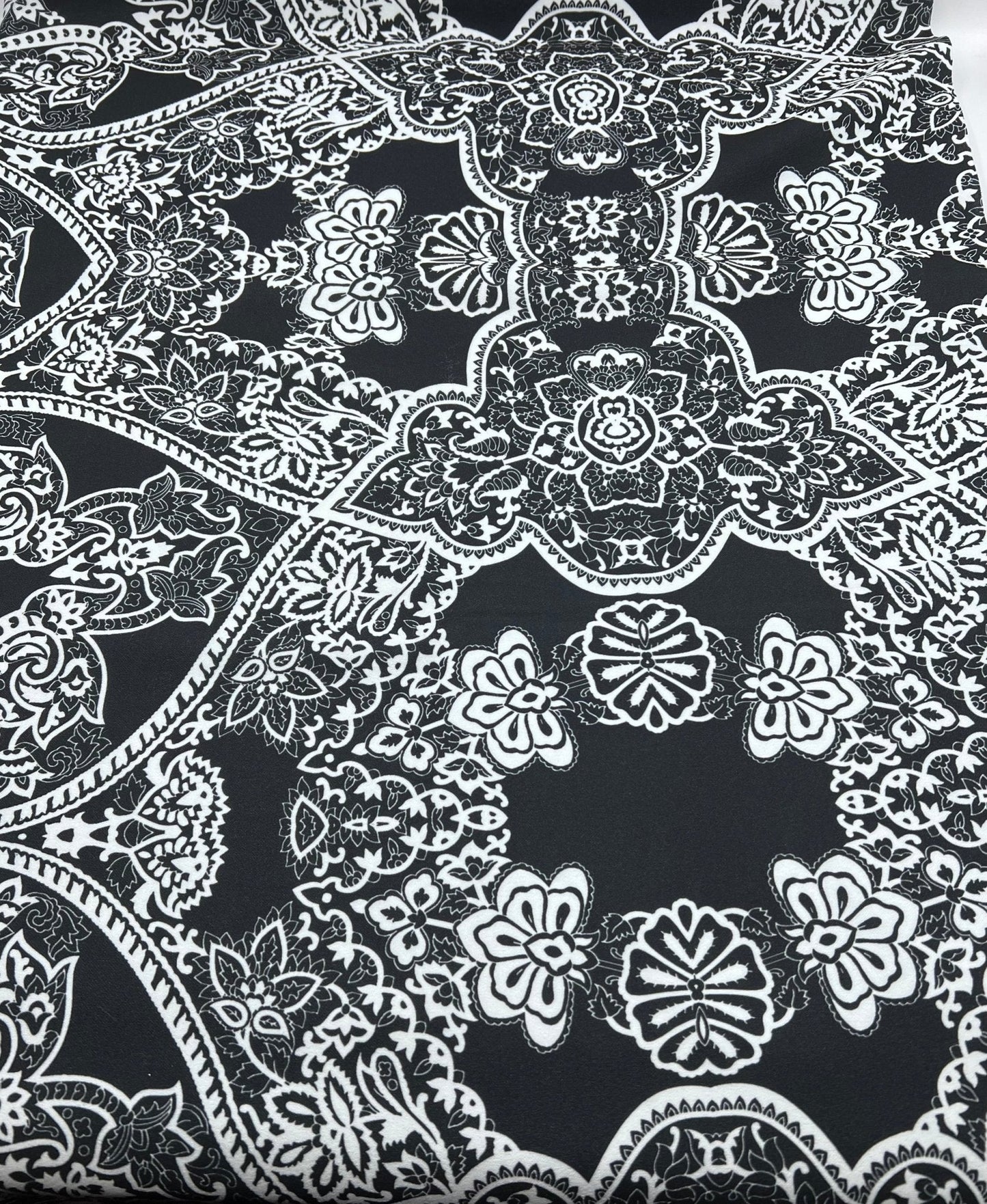 Black White Swirl Paisley Printed Scuba Crepe Jersey Fabric 4 Way Stretch