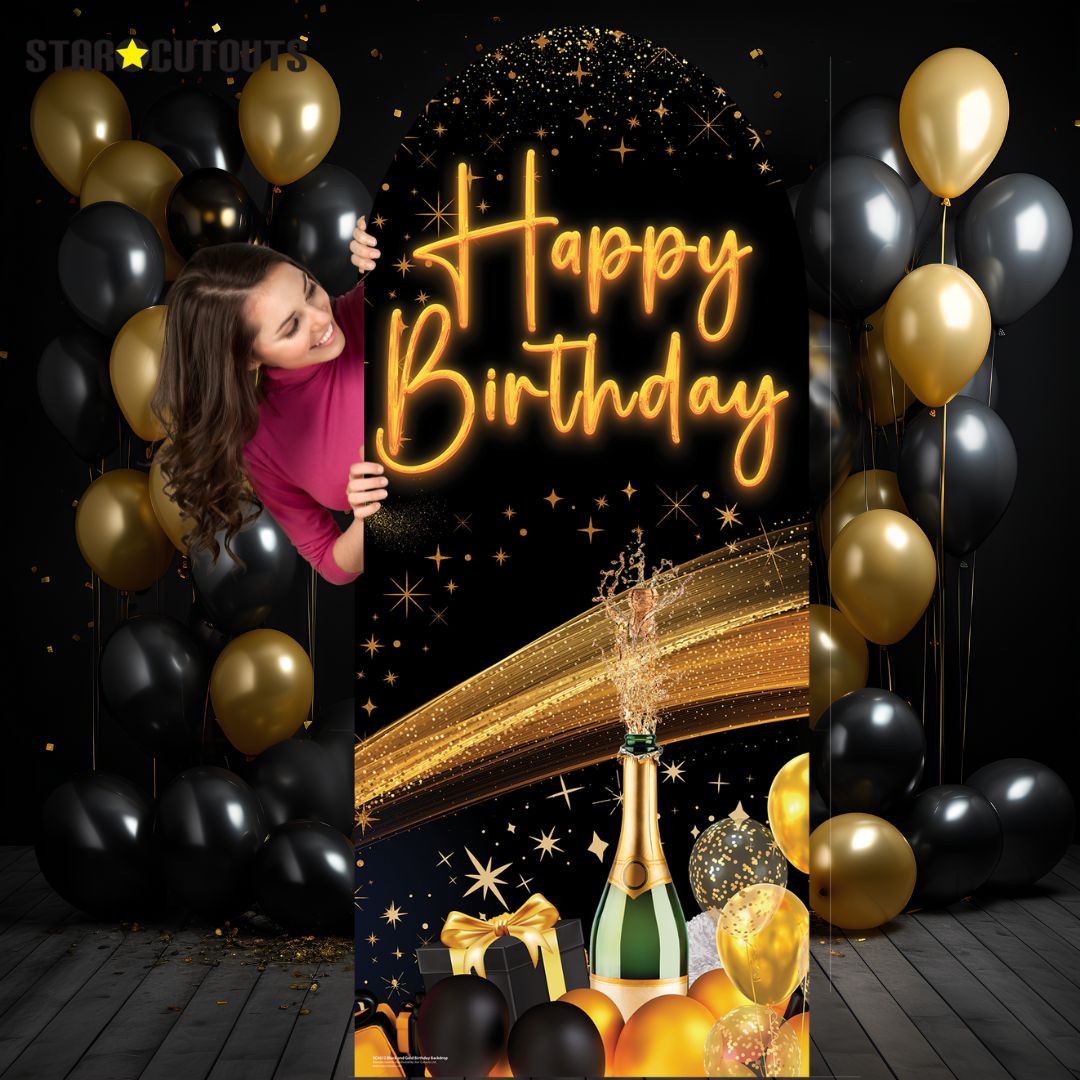 SC4612 Black & Gold Birthday Backdrop Sailboard Cardboard Cutout Height 185cm