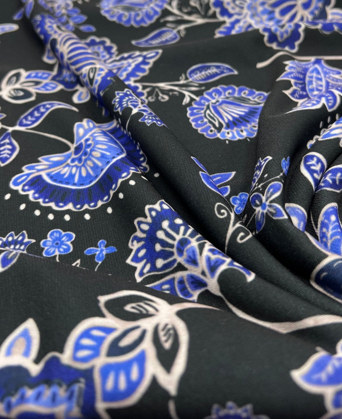 Blue Black Print Floral Print ITY Fabric 2 Way Stretch