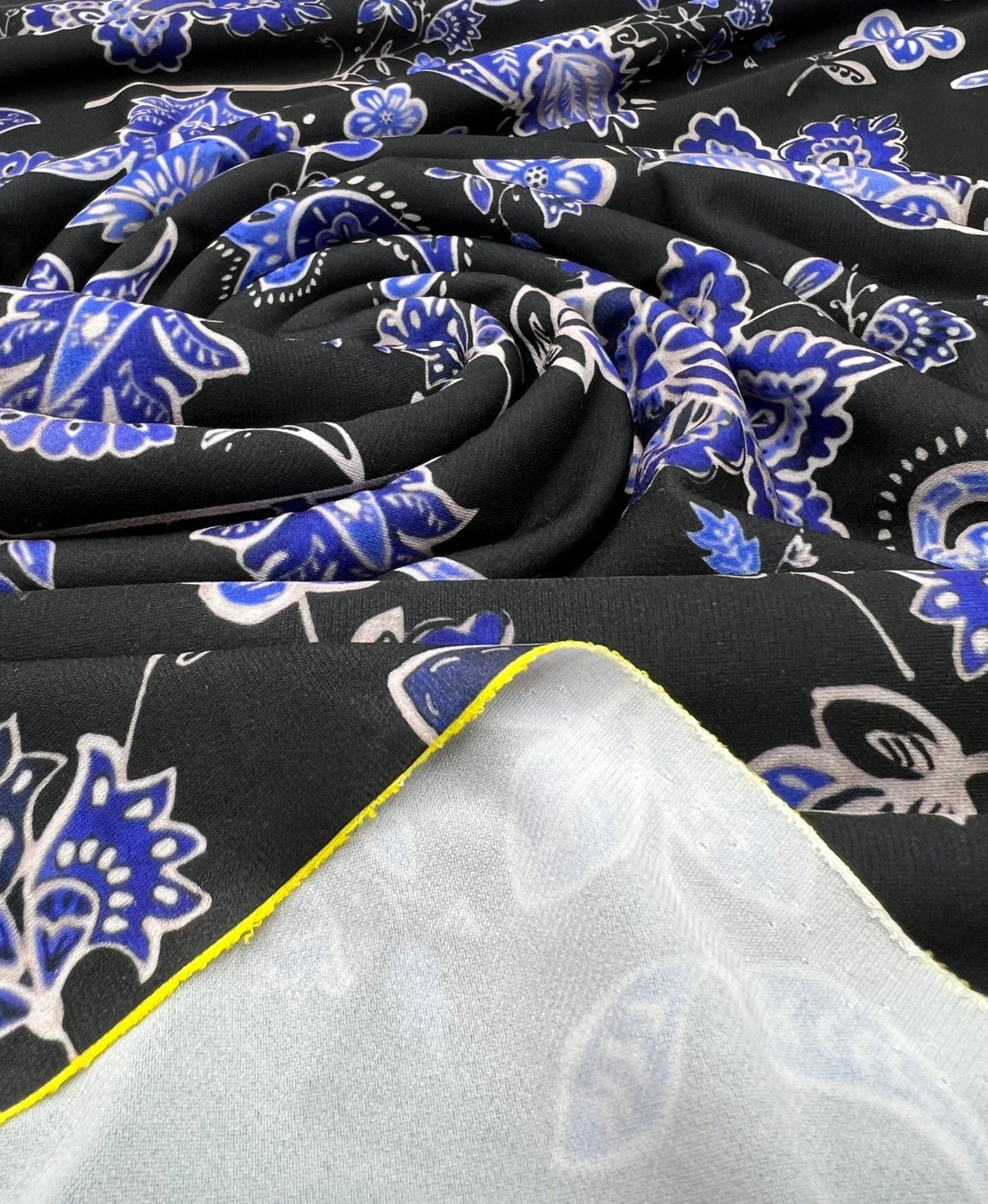 Blue Black Print Floral Print ITY Fabric 2 Way Stretch