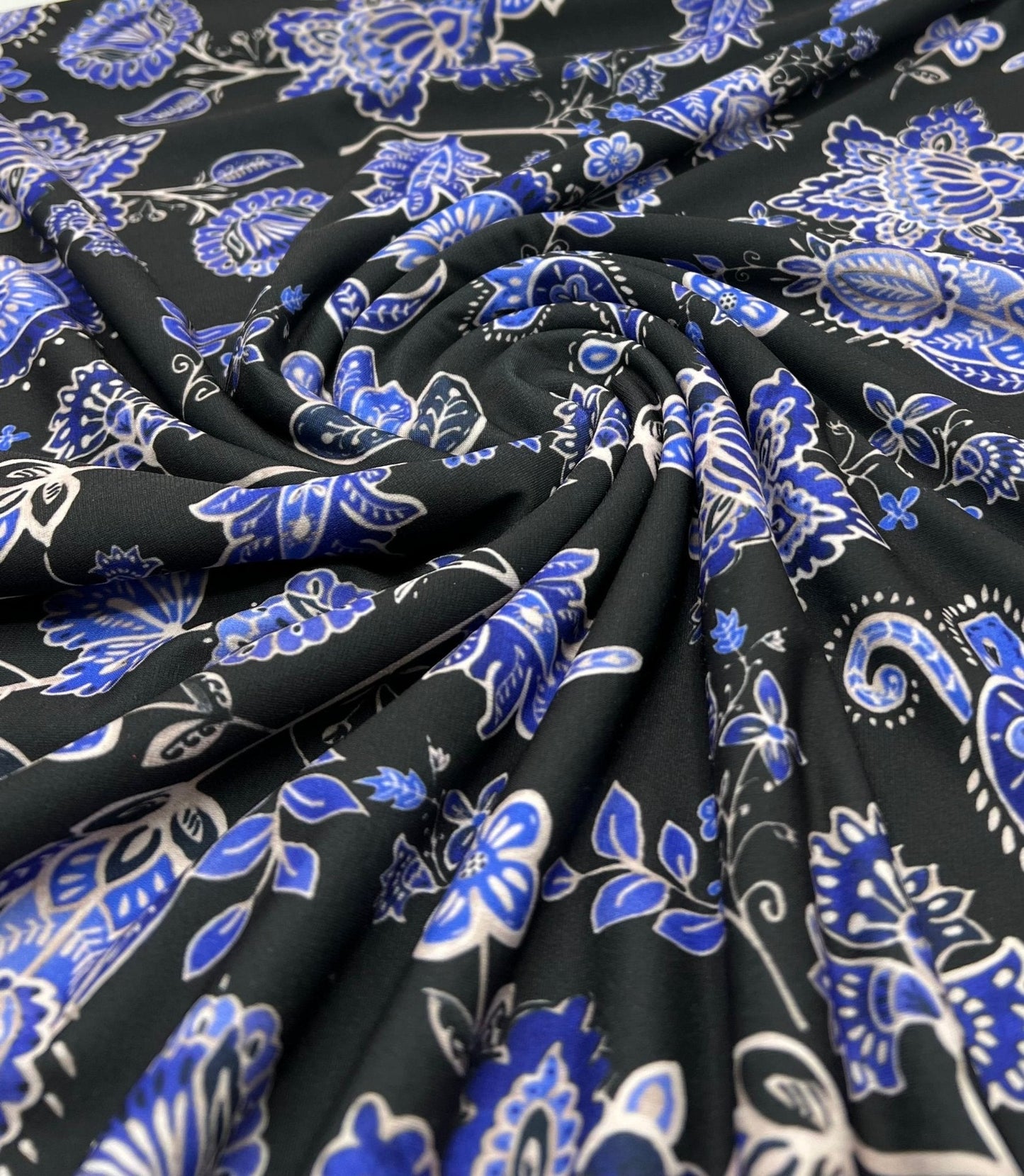 Blue Black Print Floral Print ITY Fabric 2 Way Stretch