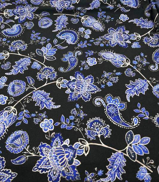 Blue Black Print Floral Print ITY Fabric 2 Way Stretch