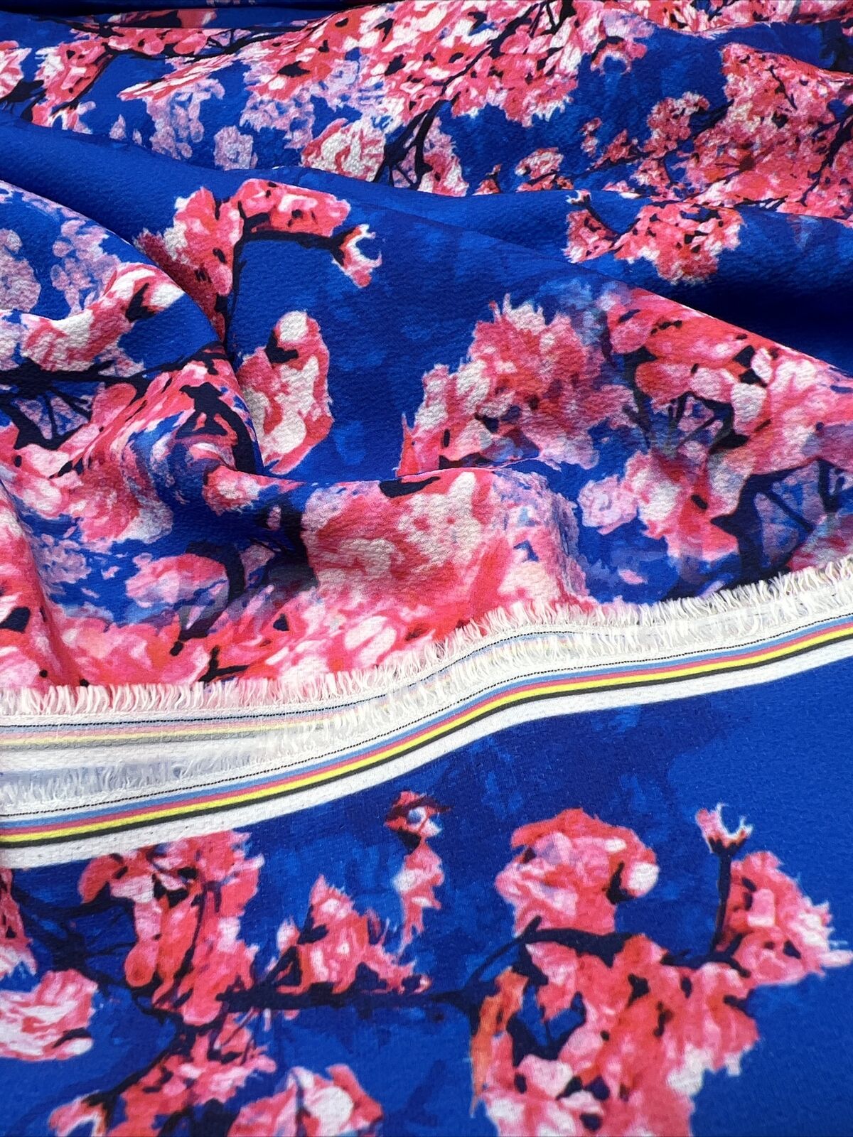 Blue Blossom Print Lightweight Bubble Crepe Non Stretch Fabric