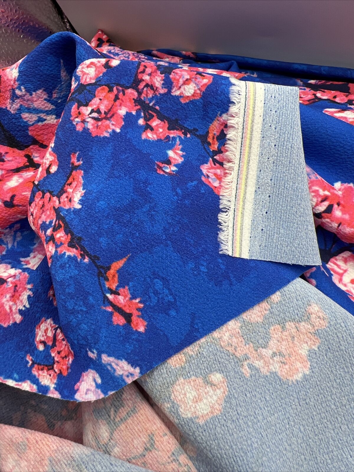 Blue Blossom Print Lightweight Bubble Crepe Non Stretch Fabric