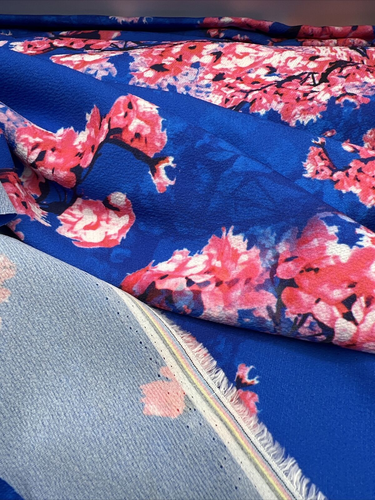 Blue Blossom Print Lightweight Bubble Crepe Non Stretch Fabric