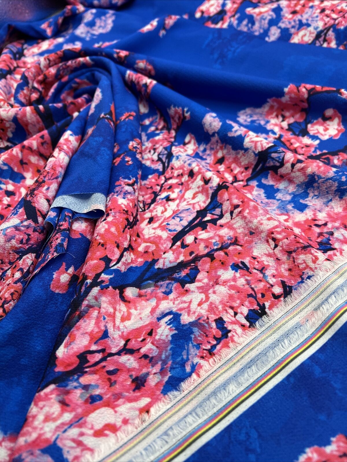 Blue Blossom Print Lightweight Bubble Crepe Non Stretch Fabric