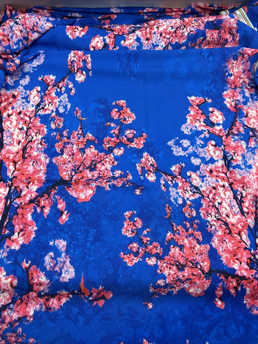 Blue Blossom Print Lightweight Bubble Crepe Non Stretch Fabric