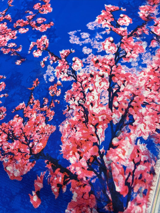 Blue Blossom Print Lightweight Bubble Crepe Non Stretch Fabric