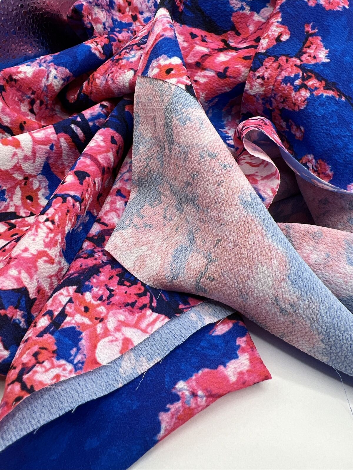Blue Blossom Print Lightweight Bubble Crepe Non Stretch Fabric