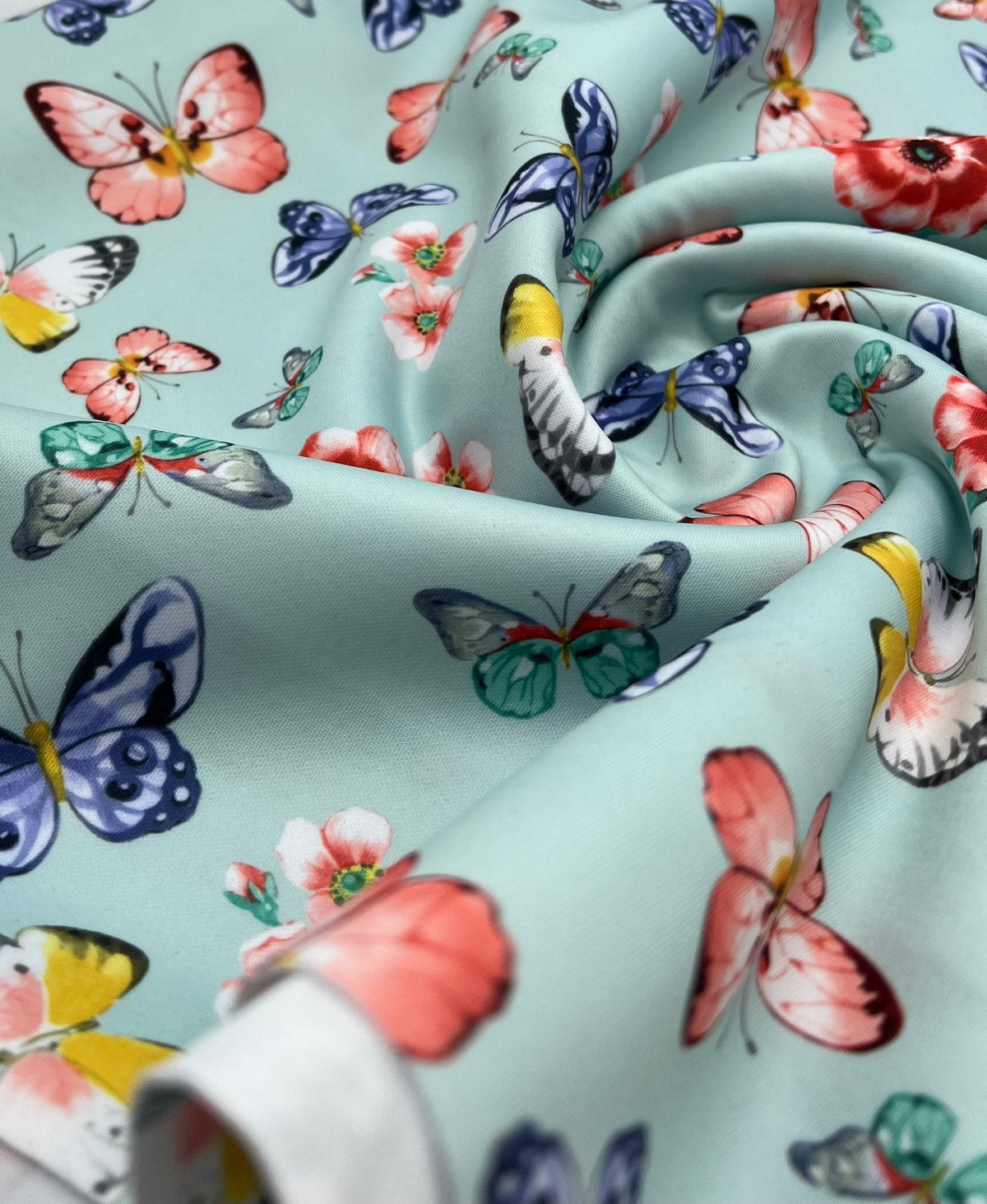 Blue Butterfly Print Plain Scuba Fabric
