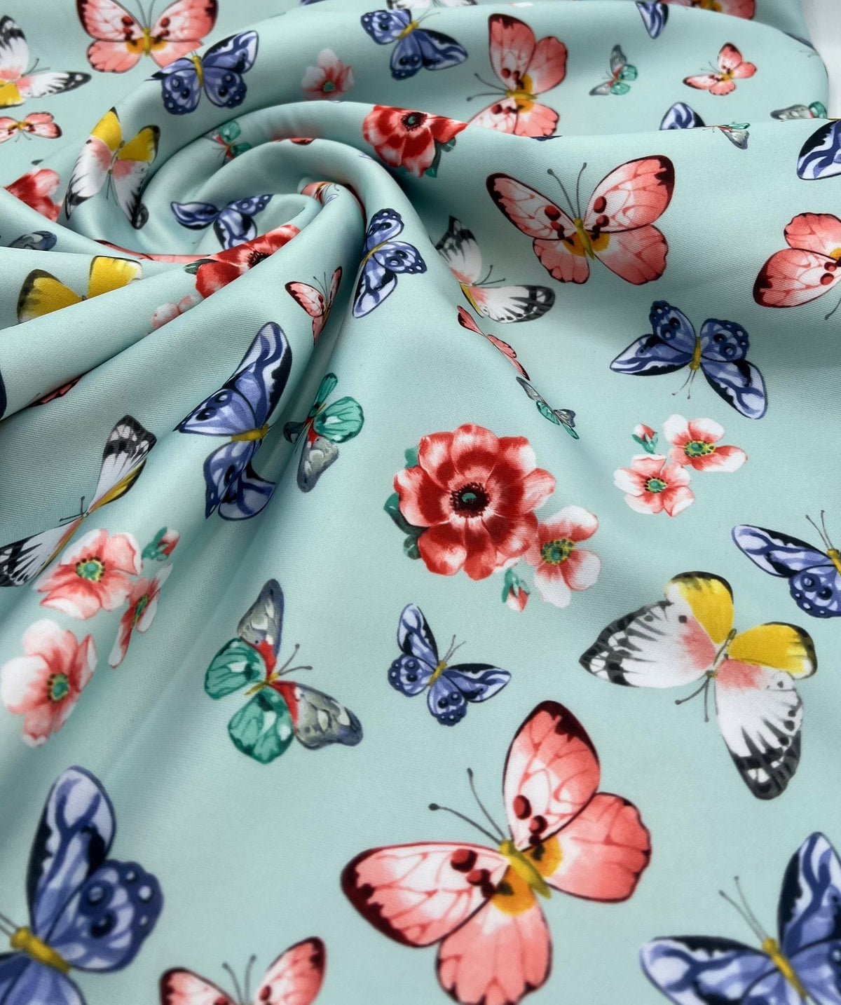 Blue Butterfly Print Plain Scuba Fabric