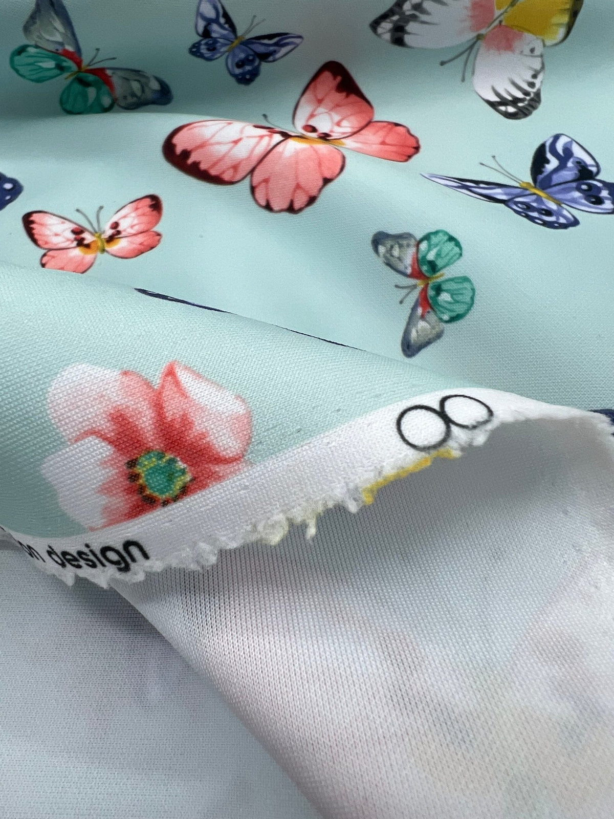 Blue Butterfly Print Plain Scuba Fabric