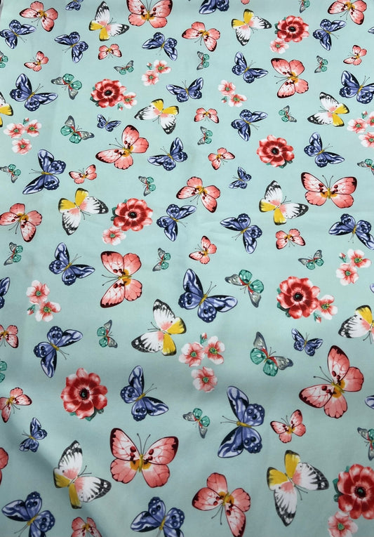 Blue Butterfly Printed Scuba Crepe Jersey Fabric 4 Way Stretch