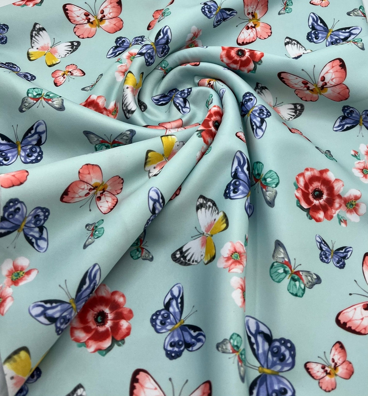 Blue Butterfly Printed Scuba Crepe Jersey Fabric 4 Way Stretch