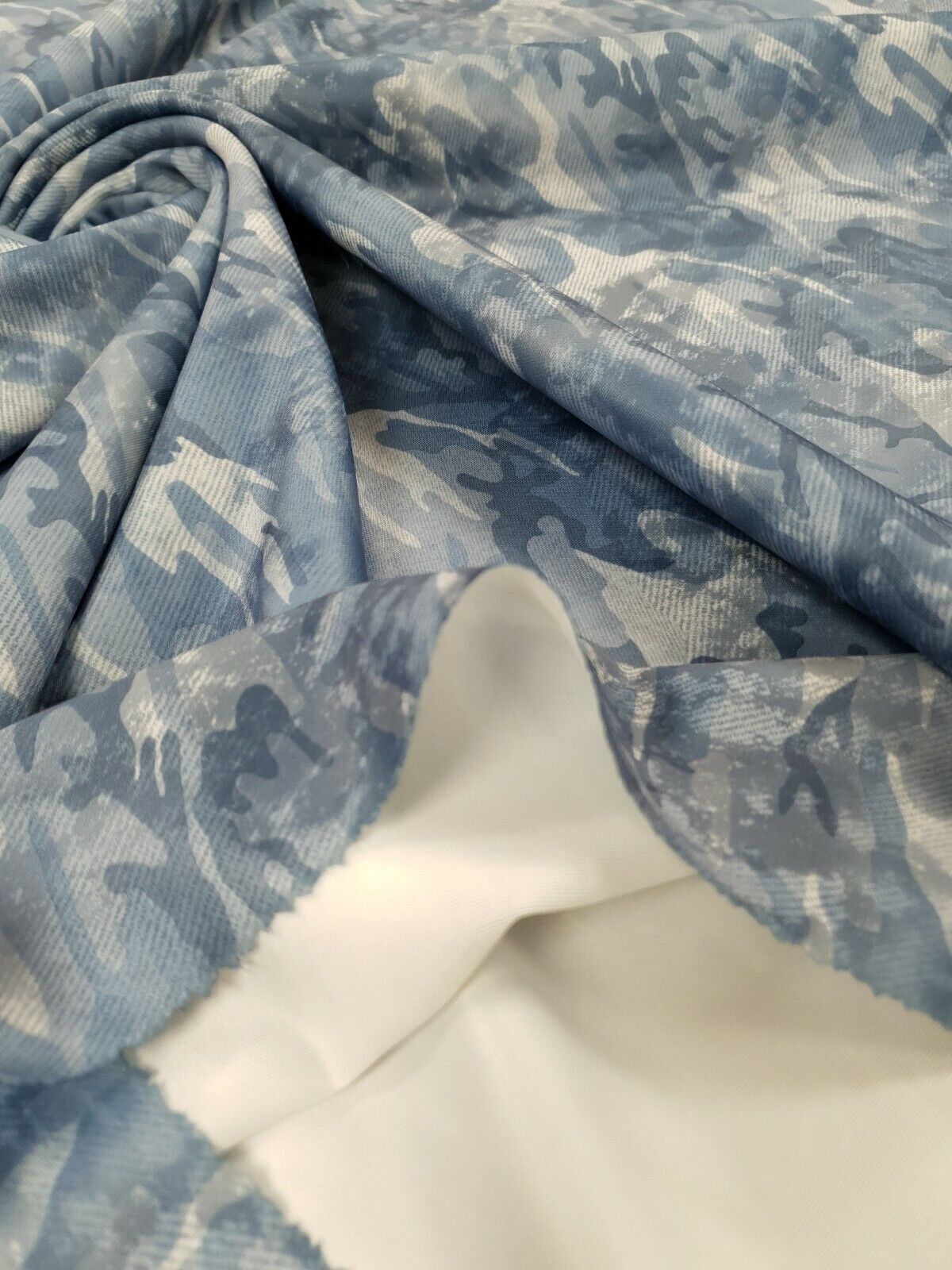 Blue Camo Printed Plain Scuba 4 Way Stretch Jersey Fabric