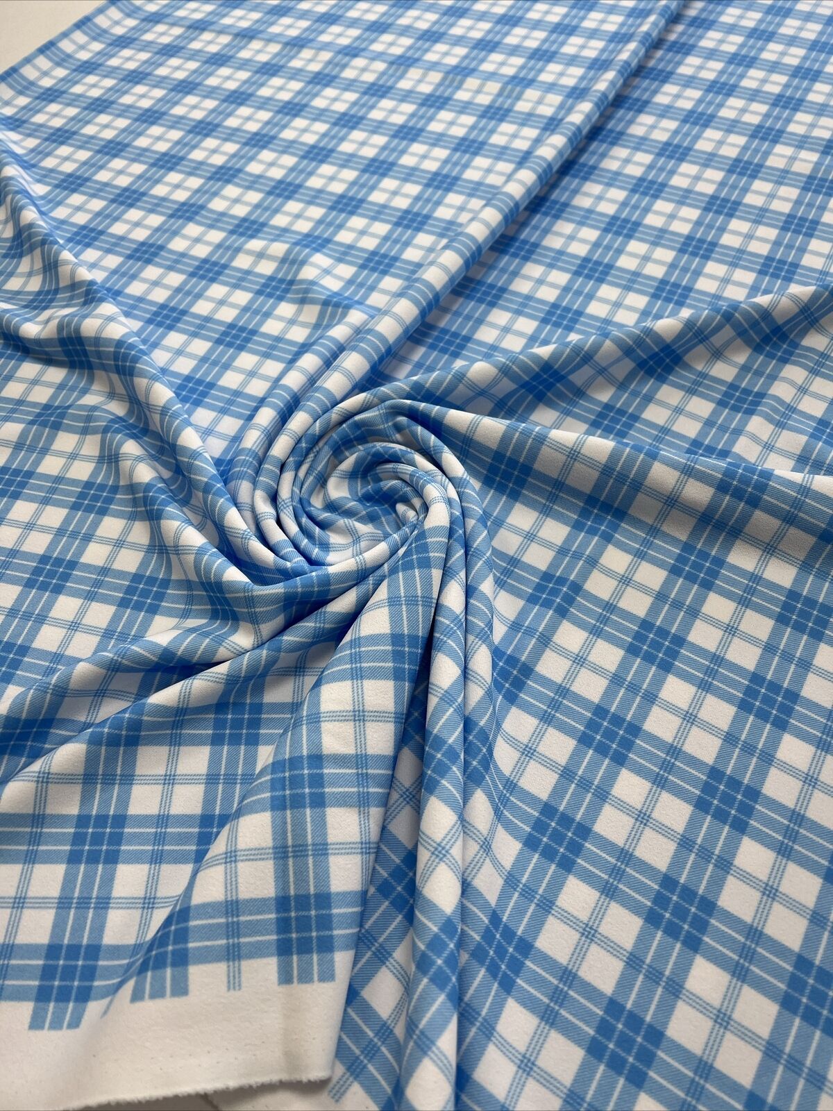 Blue Check Printed Scuba Crepe Jersey Fabric 4 Way Stretch