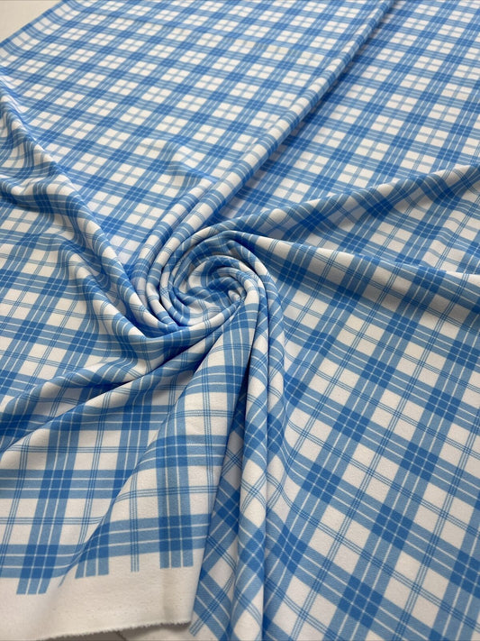 Blue Check Printed Scuba Crepe Jersey Fabric 4 Way Stretch