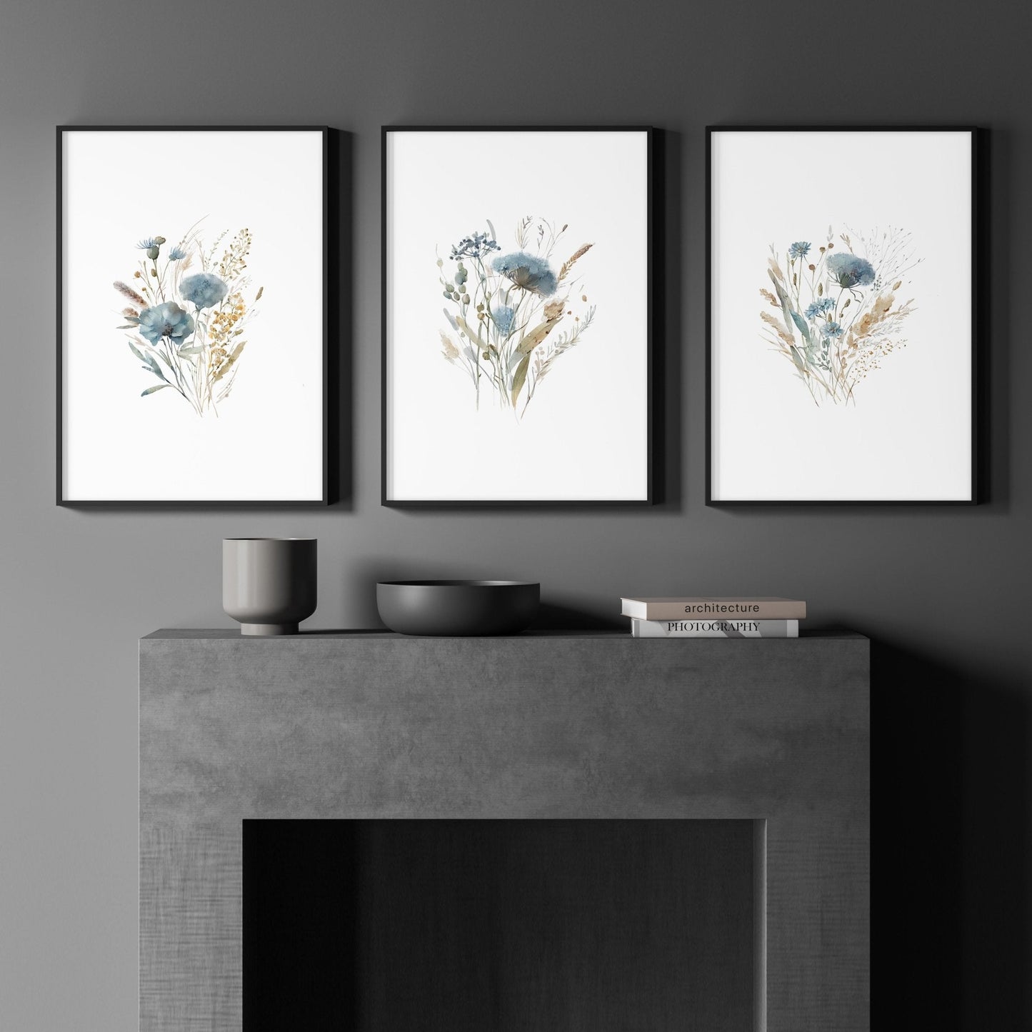 Blue Color Wall Art | Set of 3 Botanical Wall art Prints