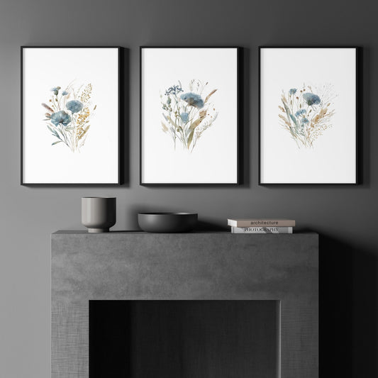 Blue Color Wall Art | Set of 3 Botanical Wall art Prints