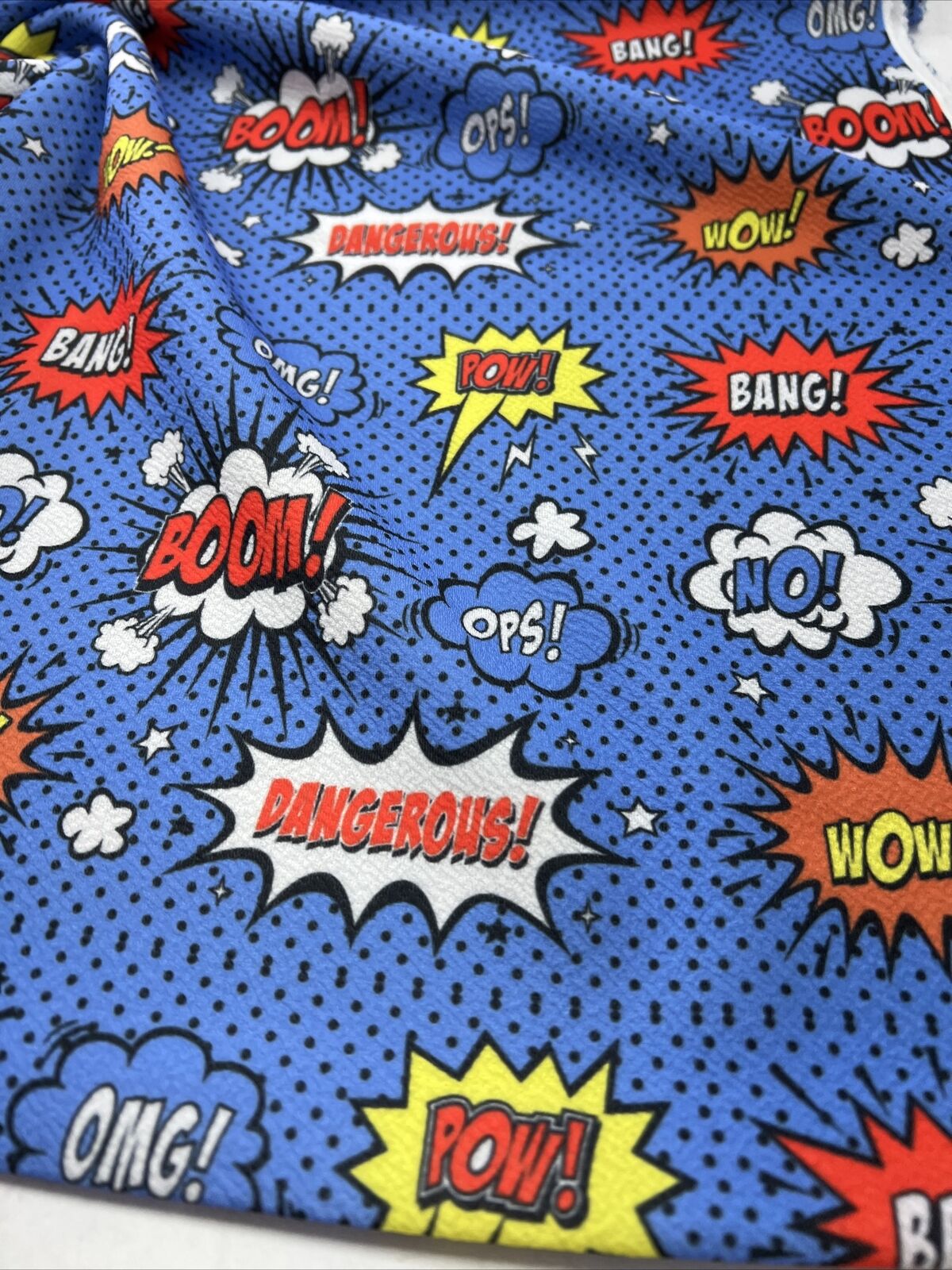 Blue Comic Print Liverpool Bullet Stretch Fabric