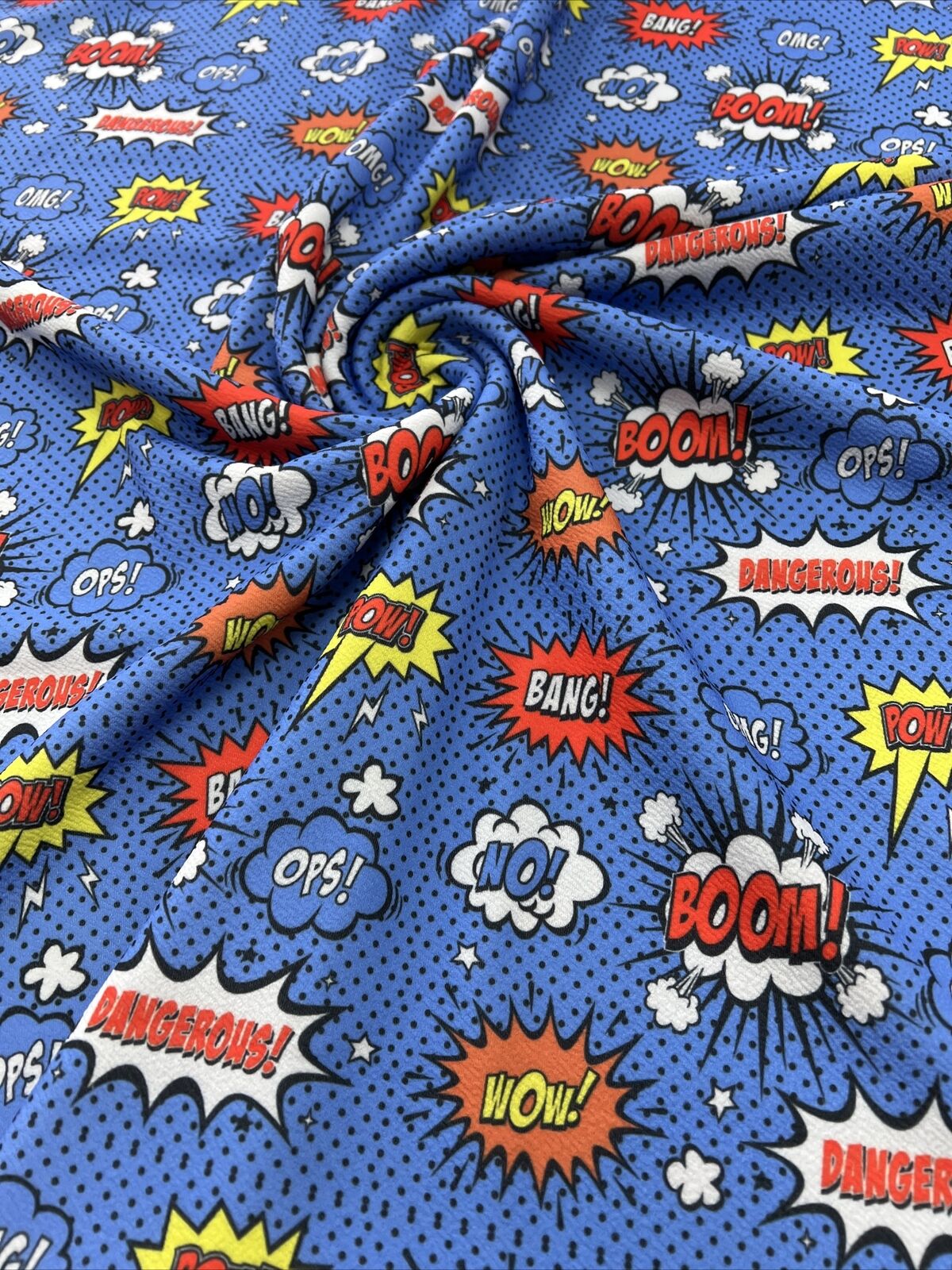 Blue Comic Print Liverpool Bullet Stretch Fabric