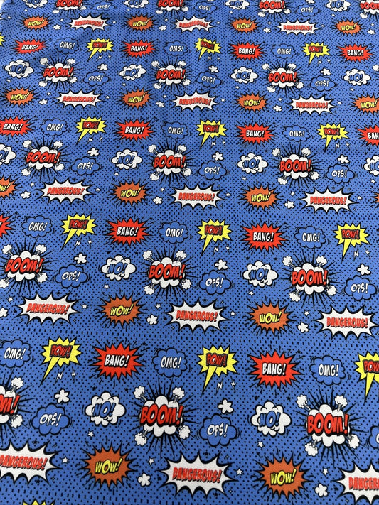 Blue Comic Print Liverpool Bullet Stretch Fabric