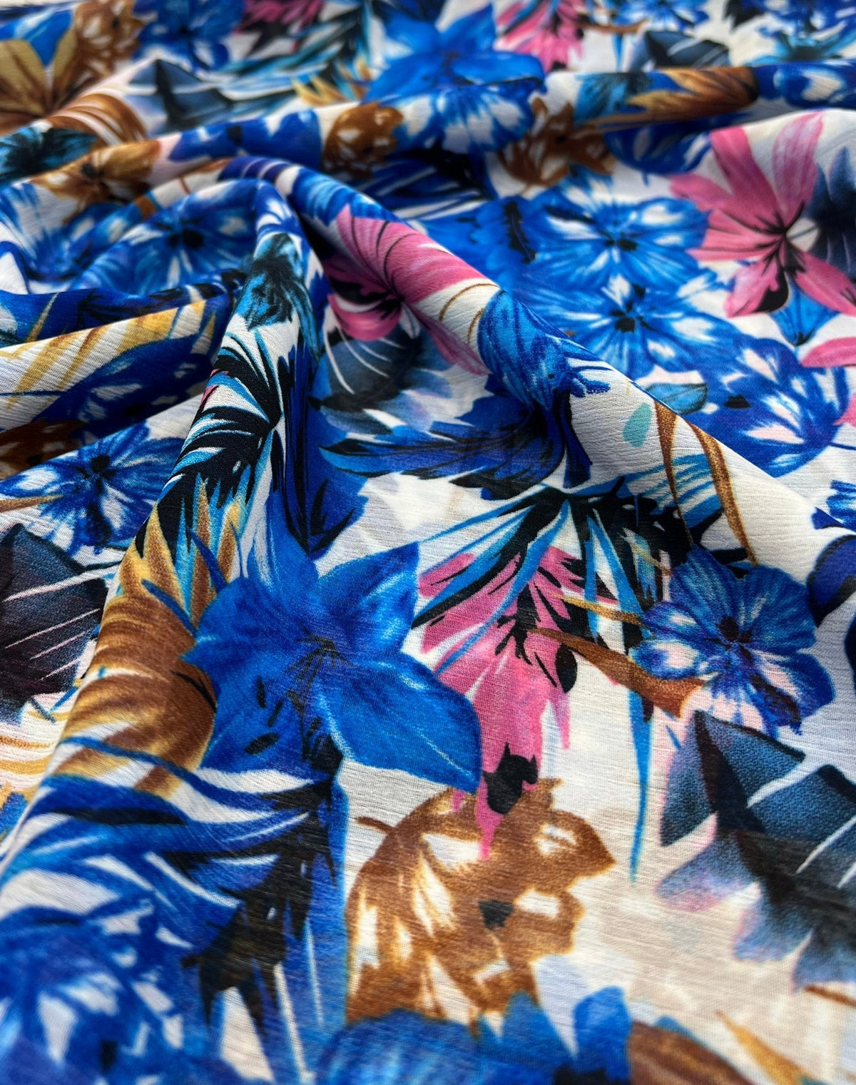 Blue Floral Lightweight Crinkle Crepe Non Stretch Fabric
