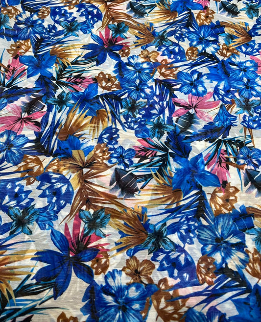 Blue Floral Lightweight Crinkle Crepe Non Stretch Fabric