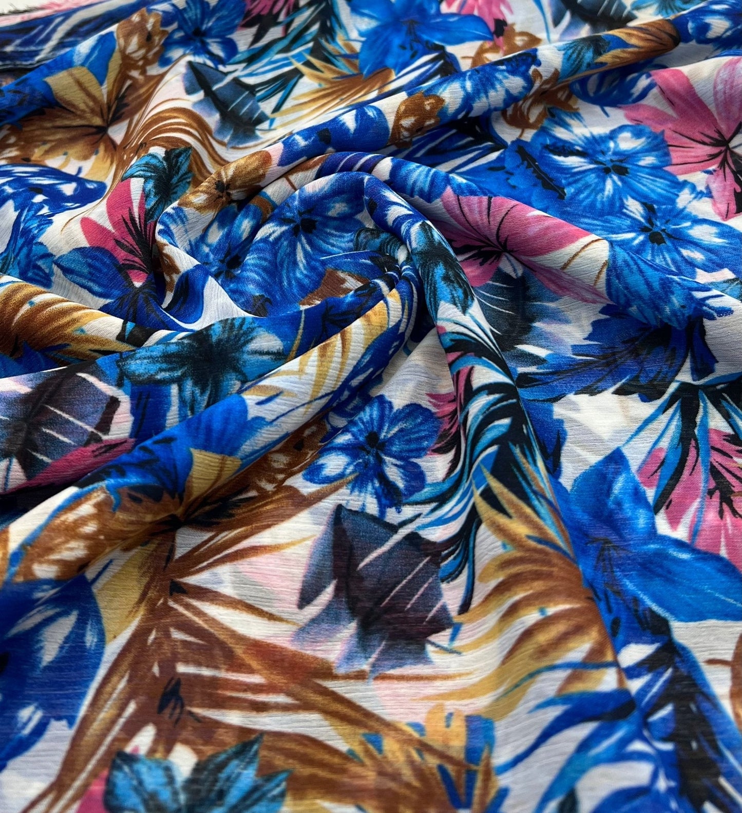 Blue Floral Lightweight Crinkle Crepe Non Stretch Fabric