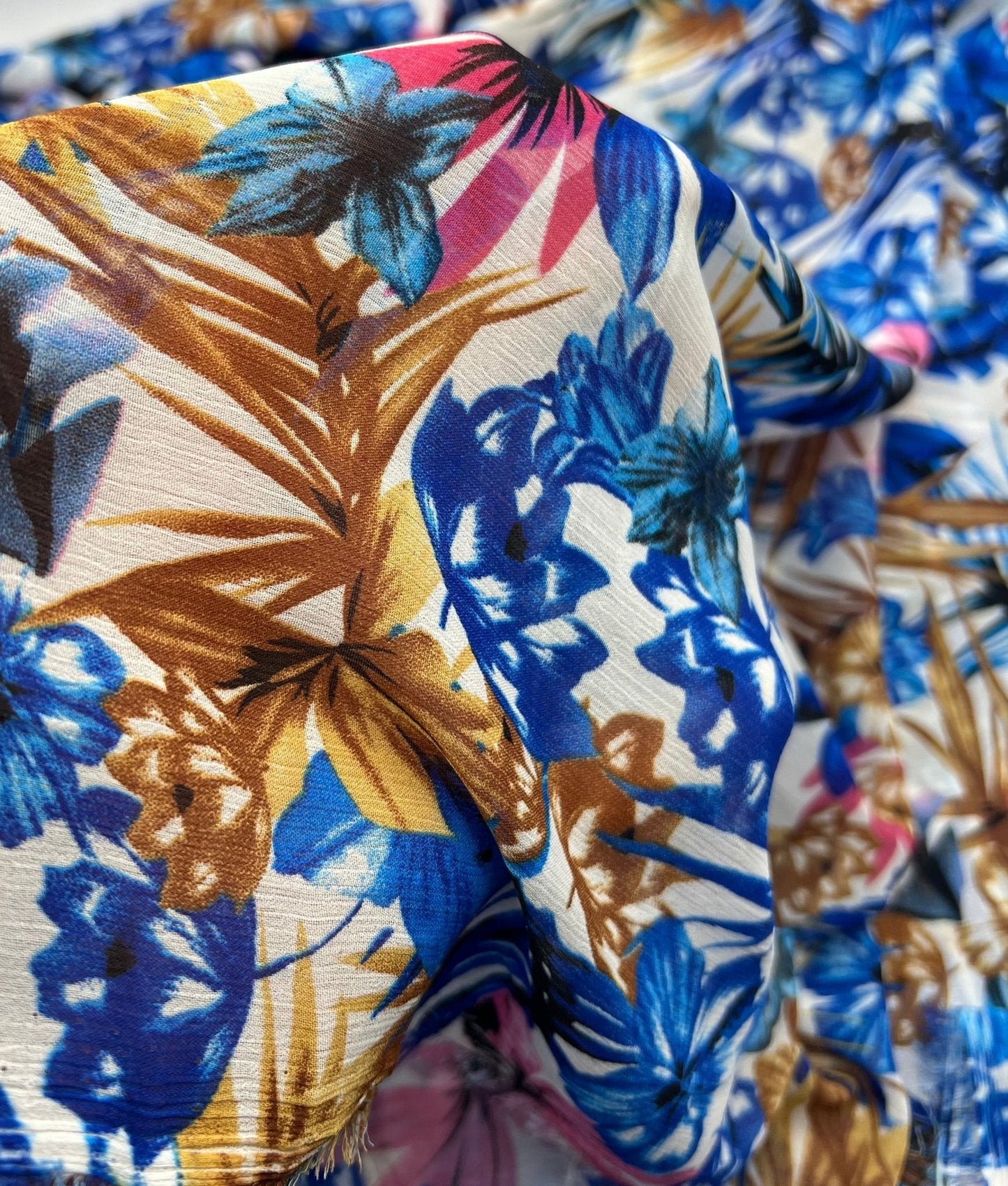 Blue Floral Lightweight Crinkle Crepe Non Stretch Fabric