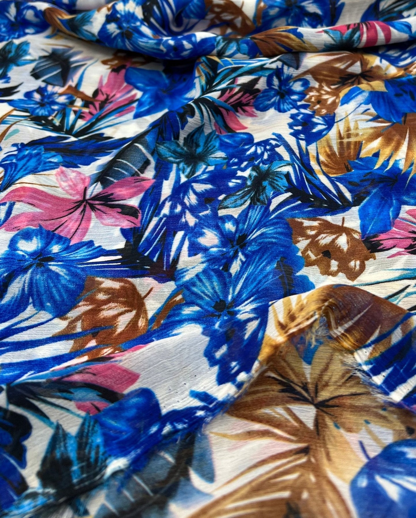 Blue Floral Lightweight Crinkle Crepe Non Stretch Fabric