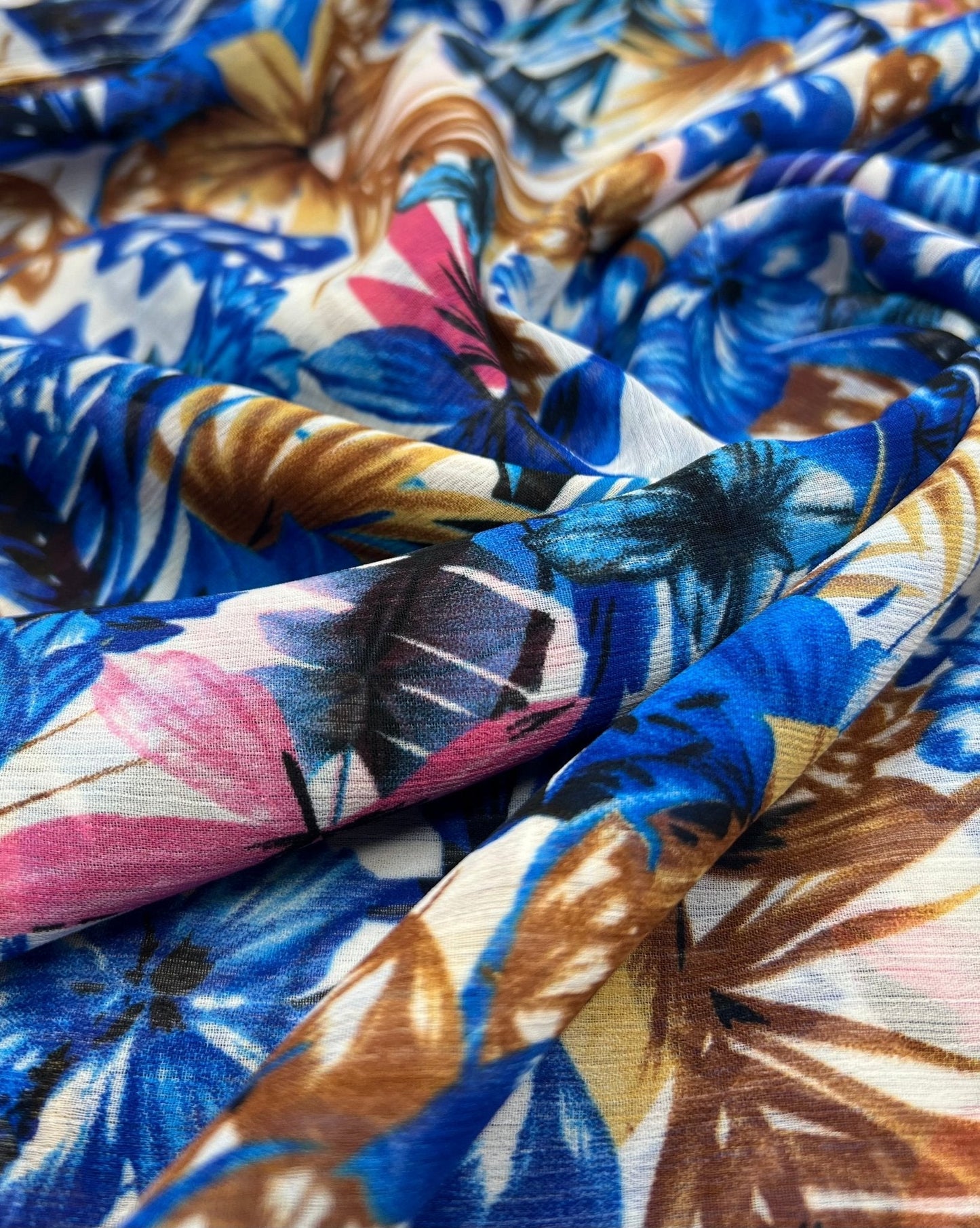 Blue Floral Lightweight Crinkle Crepe Non Stretch Fabric