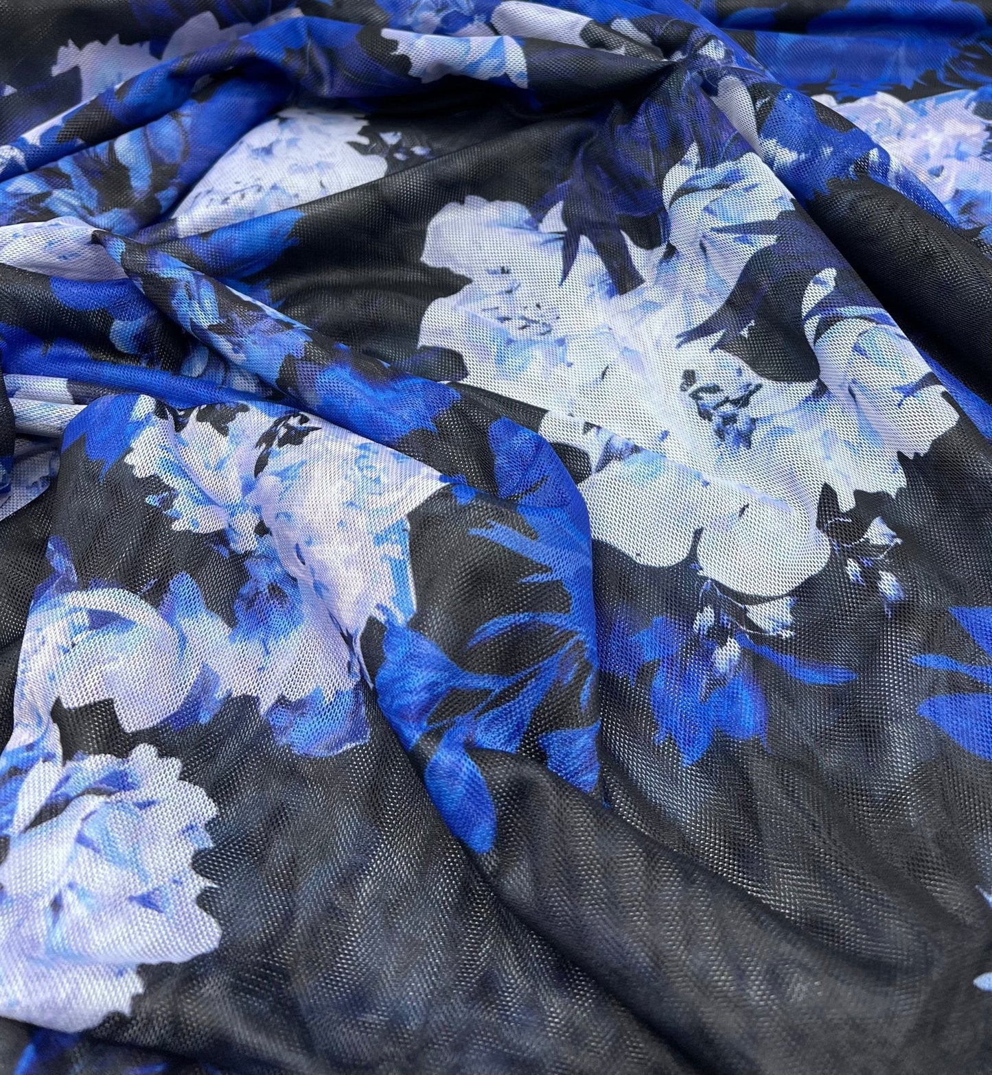Blue Floral Mix Mesh Fabric Stretch