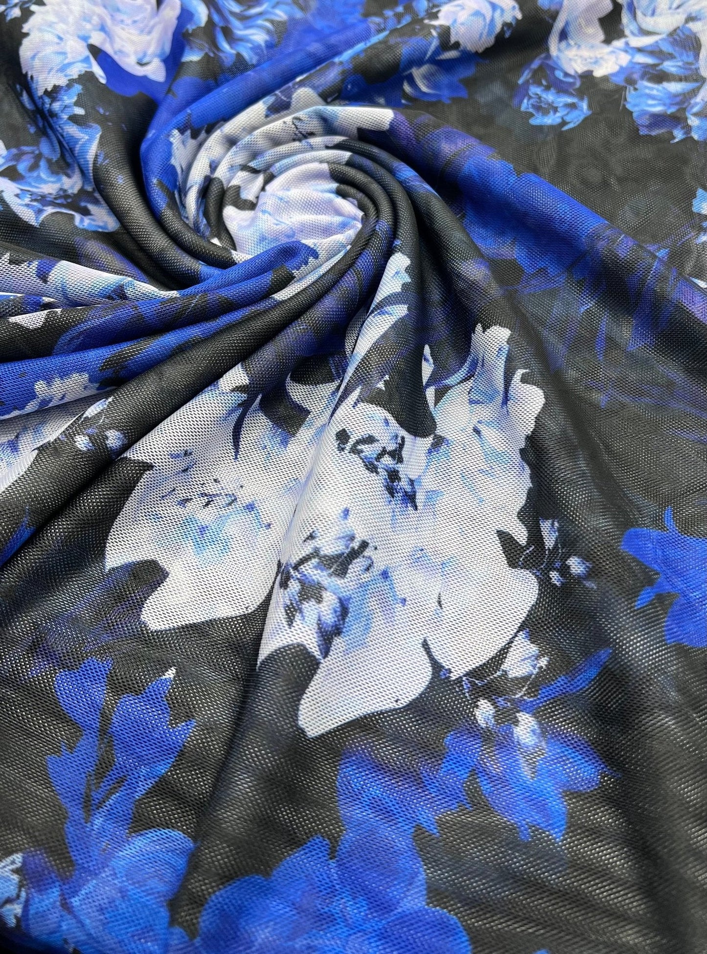 Blue Floral Mix Mesh Fabric Stretch