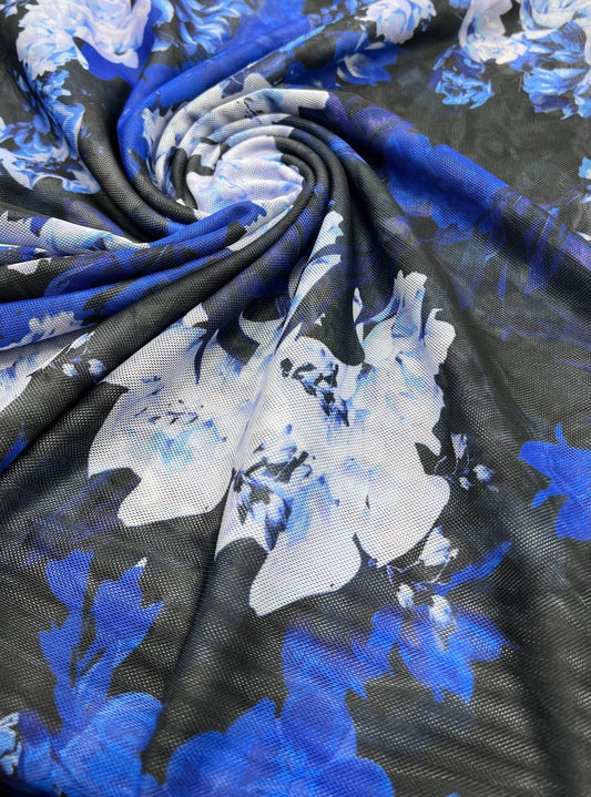 Blue Floral Mix Mesh Fabric Stretch