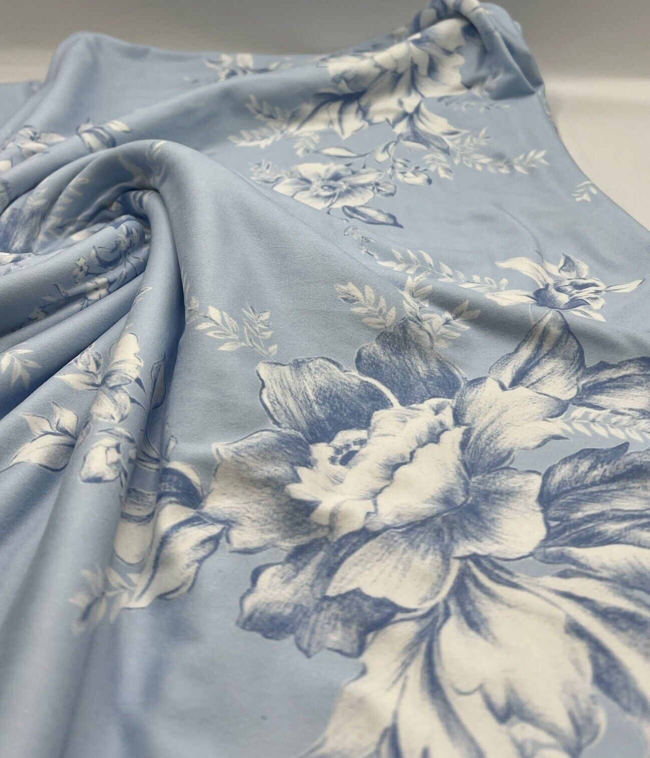 Blue Floral Print Super Soft Spun Poly Stretch Fabric