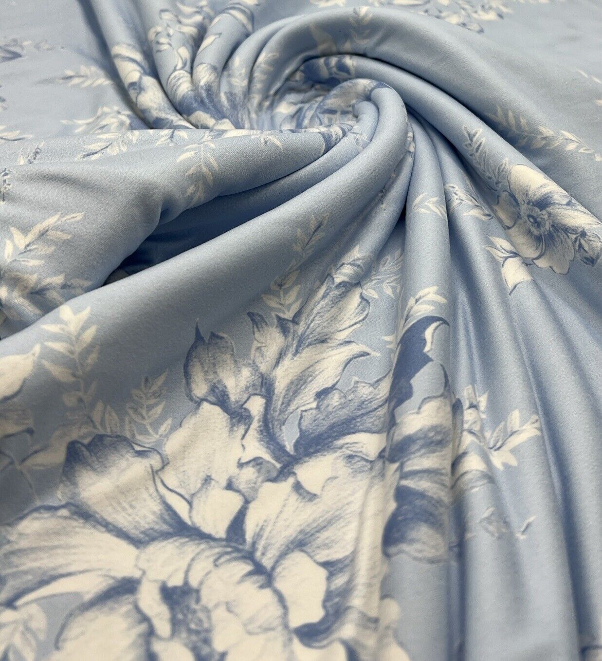 Blue Floral Print Super Soft Spun Poly Stretch Fabric