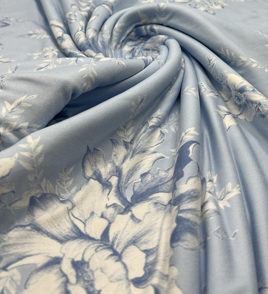 Blue Floral Print Super Soft Spun Poly Stretch Fabric