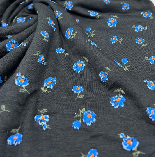 Blue Floral Print Viscose Elastane Fabric