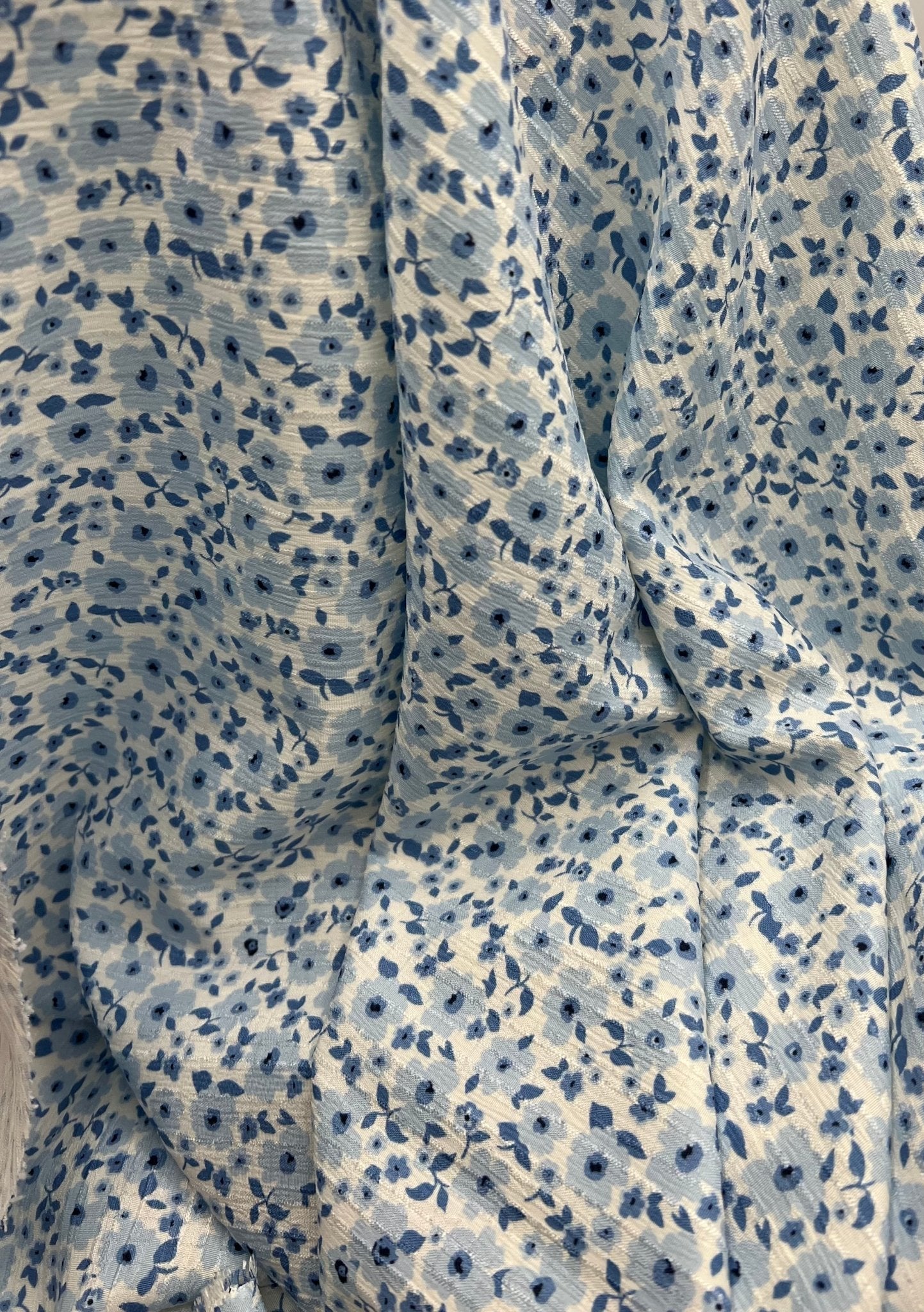 Blue Floral Textured Crinkle Lightweight Non Stretch Fabric