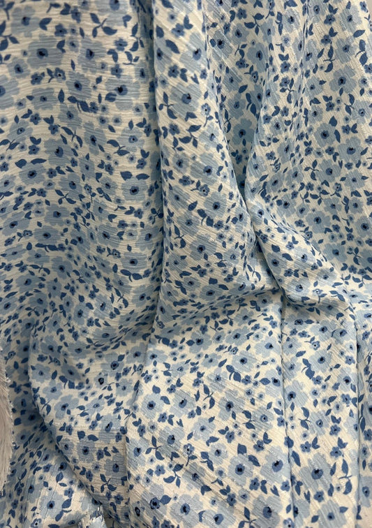 Blue Floral Textured Crinkle Lightweight Non Stretch Fabric