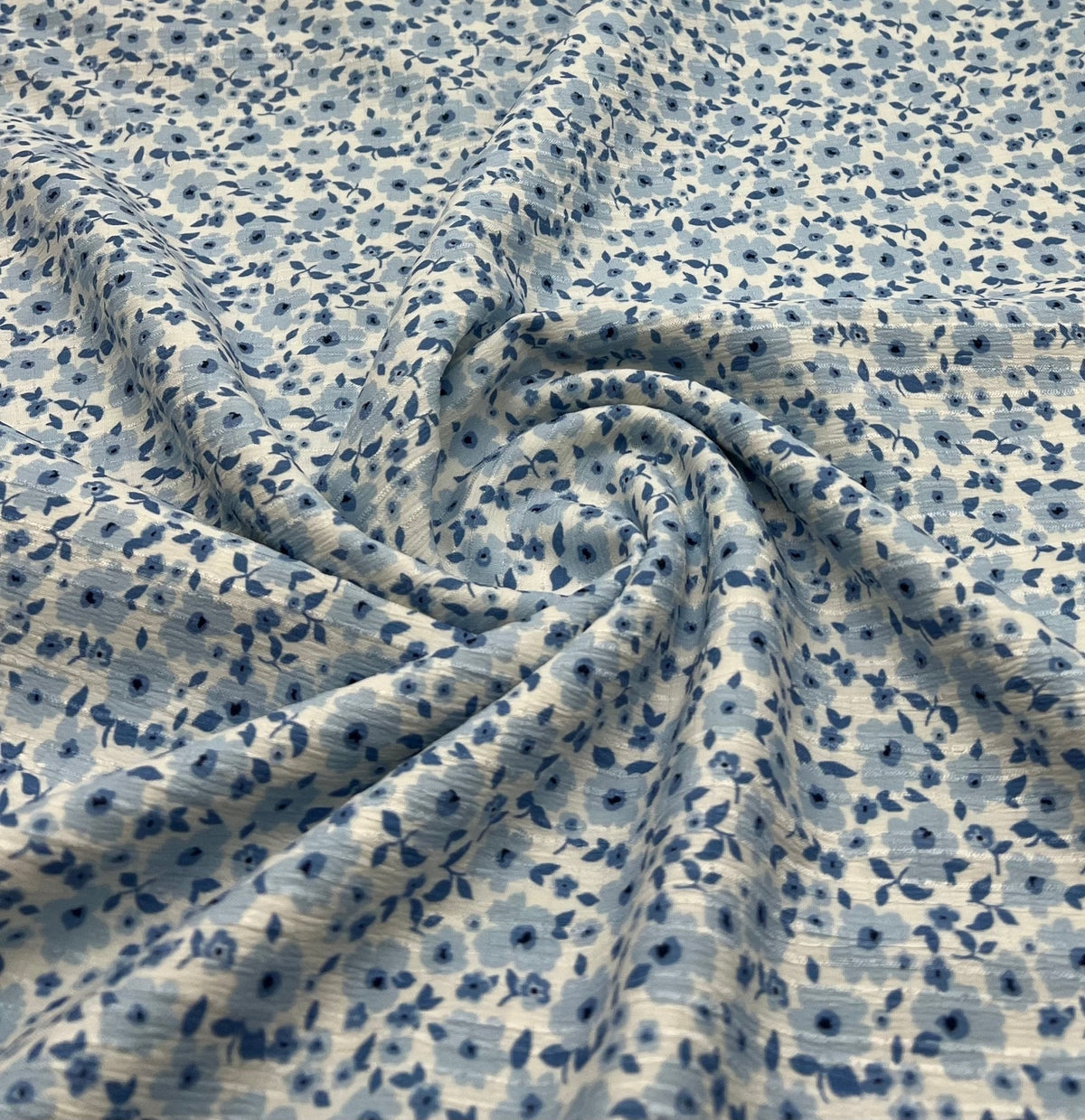 Blue Floral Textured Crinkle Lightweight Non Stretch Fabric