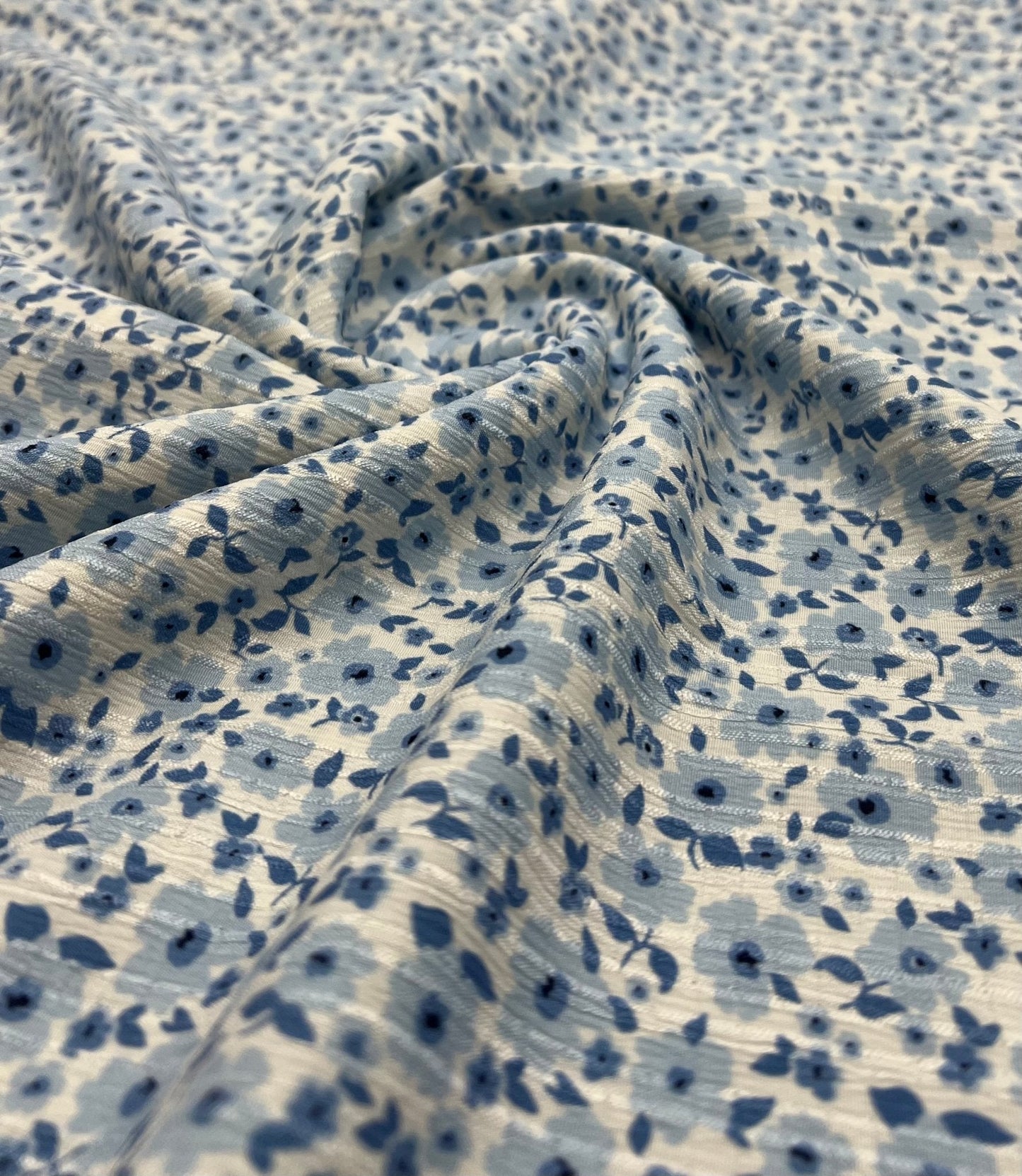 Blue Floral Textured Crinkle Lightweight Non Stretch Fabric